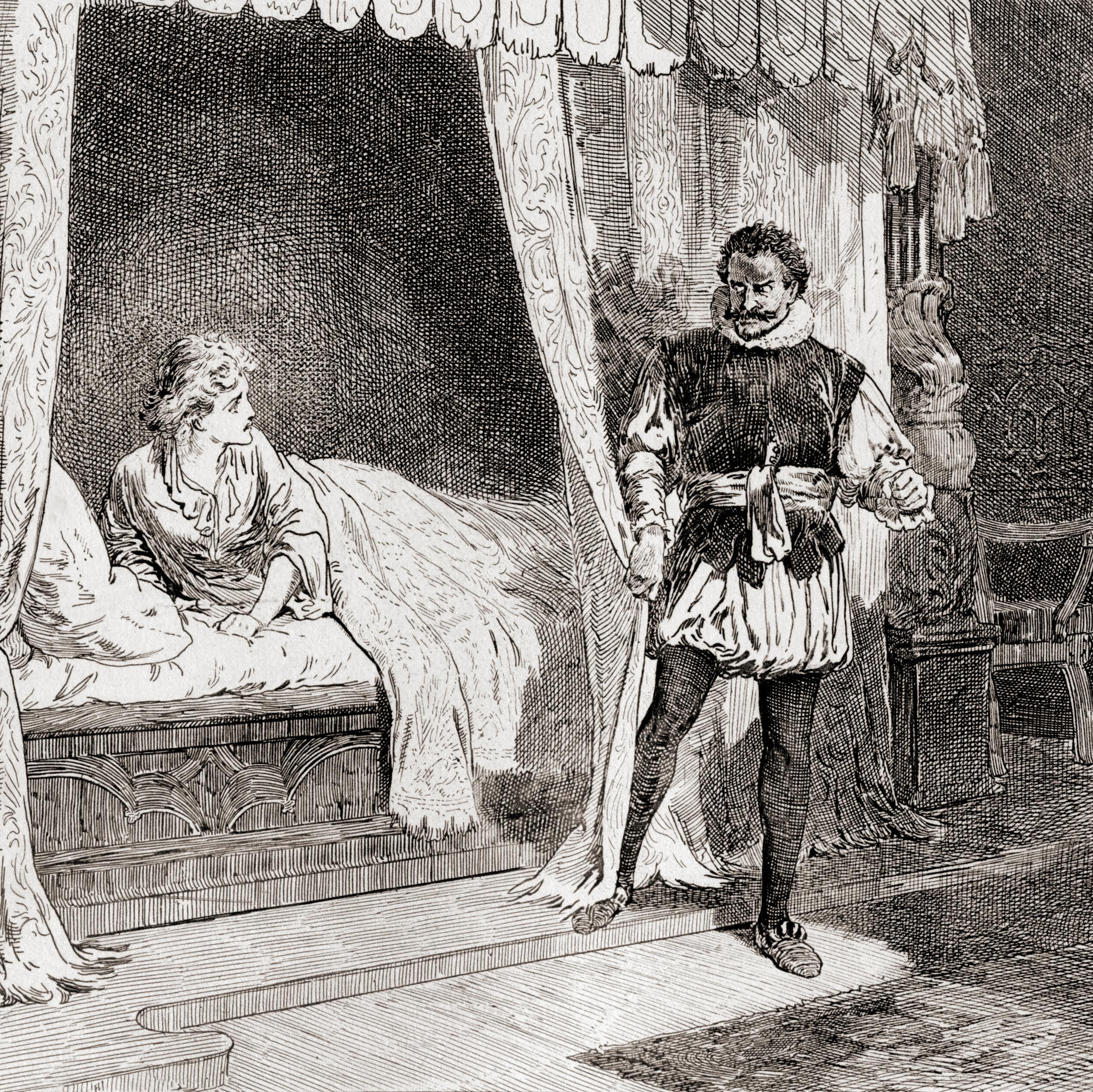 A white woman lies in bed as a Black man stands near her. 