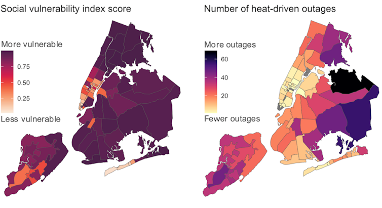 Maps show most of NYC outside Manhattan and Staten Island has high social vulnerability. Outages are also highest in highly vulnerable areas