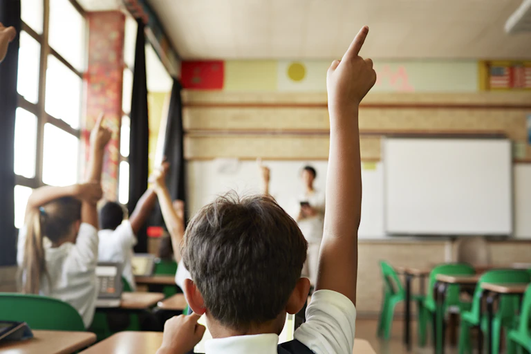 Students raise their hands in class.