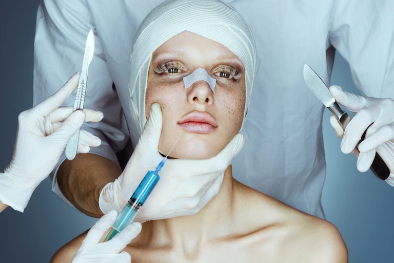 Woman in clinical setting with bandaged head and plaster on her nose with scalpels and syringe hovering near her face