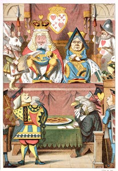 A cartoonish illustration of people and animals in a court with tiered seating
