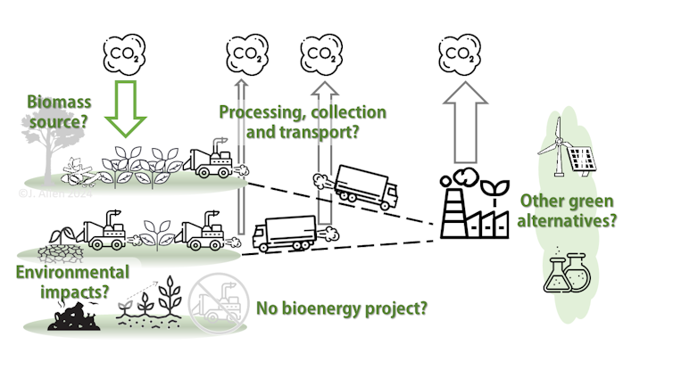 Schematic of bioenergy project considerations including carbon emission sources and sinks