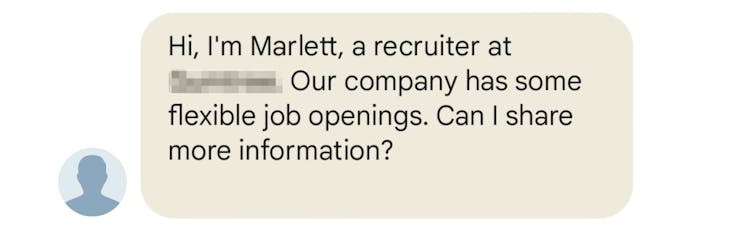 A text saying a company has flexible job openings and asking if they can share more information.