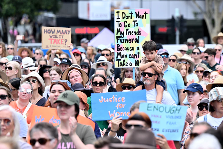 Protesters at the national rally against gender-based violence in Brisbane on April 28 2024.