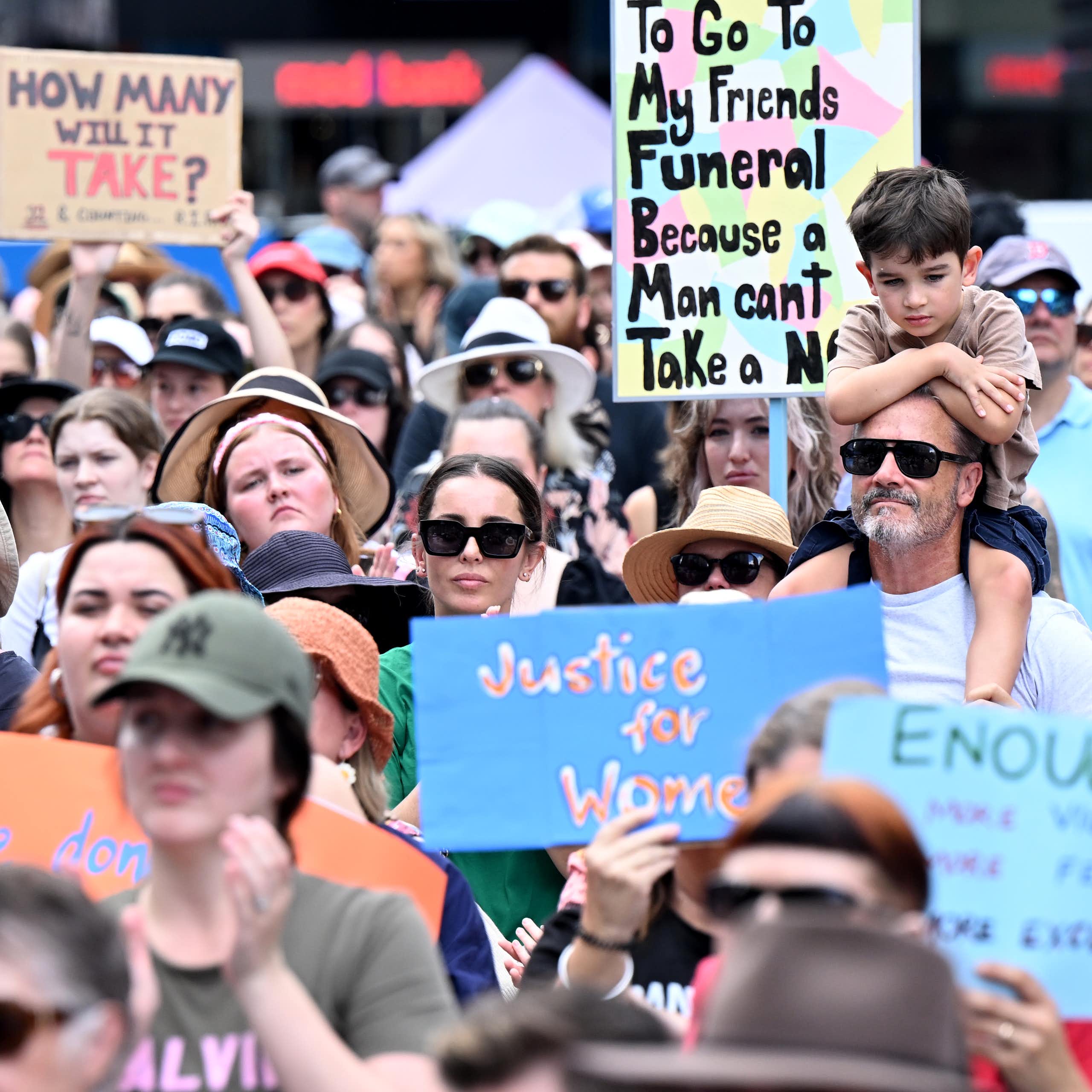 Protesters at the national rally against gender-based violence in Brisbane on April 28 2024.