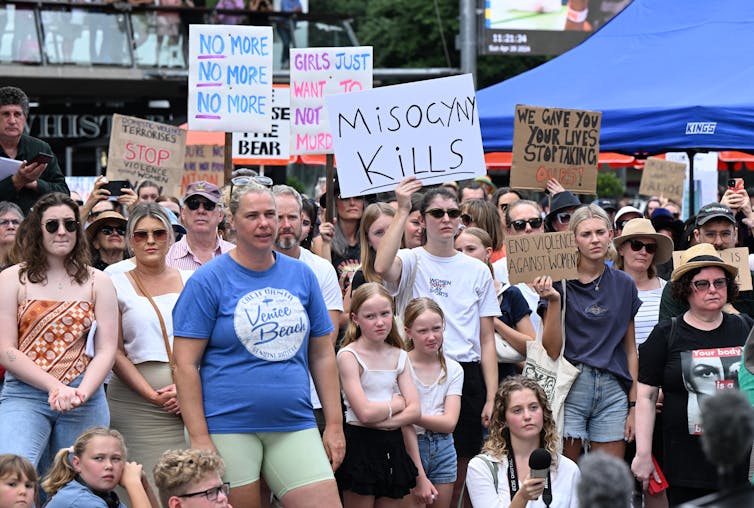 Protesters at the national rally against gender-based violence in Brisbane on April 28 2024.