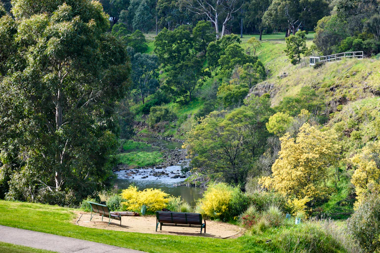 Tree-lined creek in Melbourne with adjacent park and benches