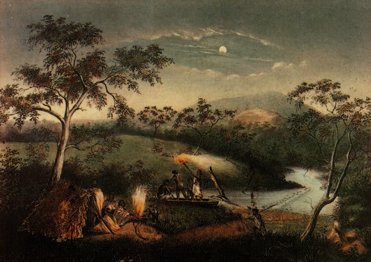 painting of merri creek and first nations groups from 19th century