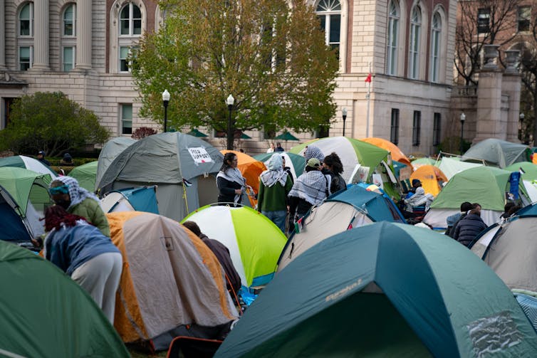 A set of tents in the middle of New York city.