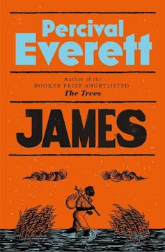 James bookcover featuring a read background and an illustration of hames walking in a river.