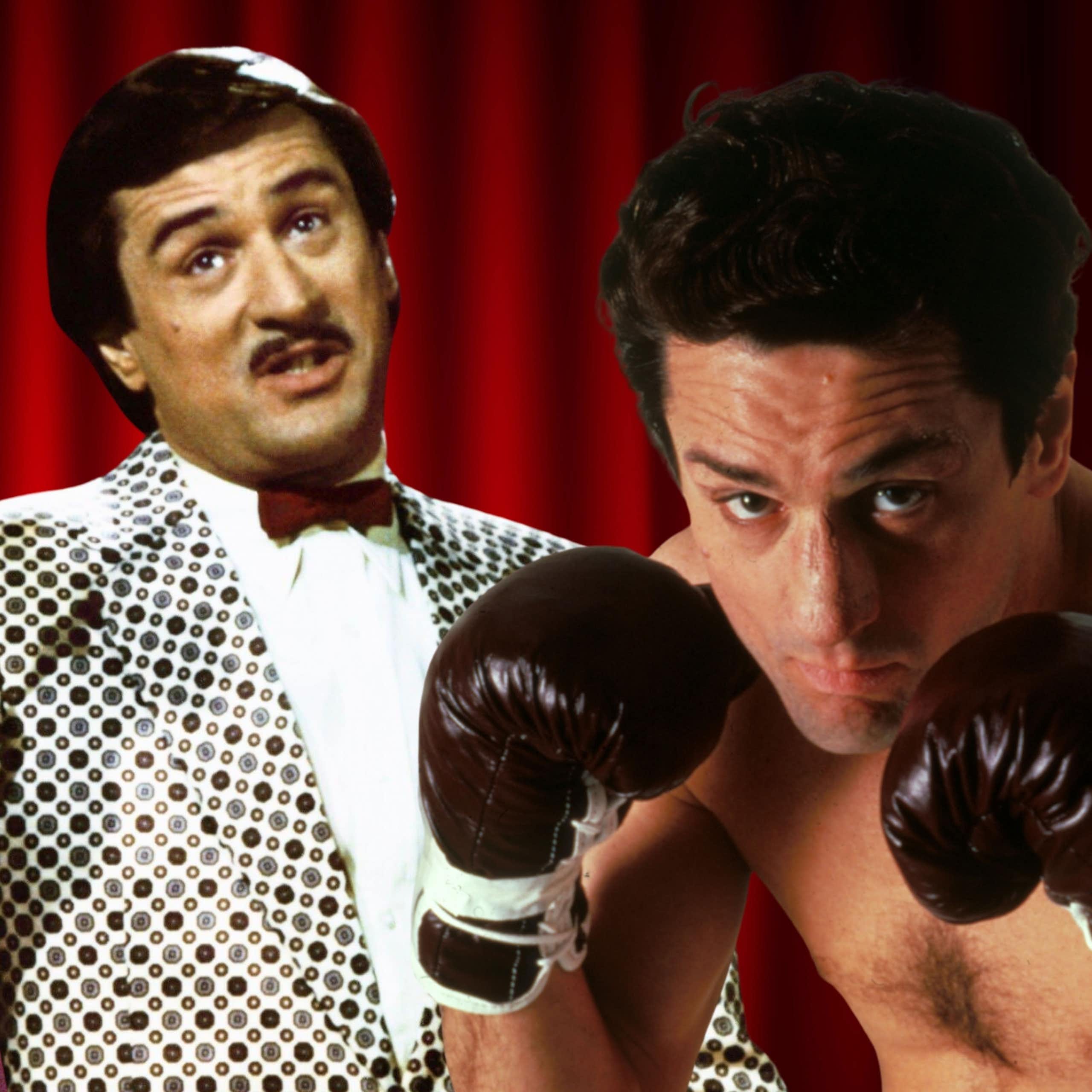 Robert De Niro with a mohawk, in a bright patterned suit and wearing boxing gloves.