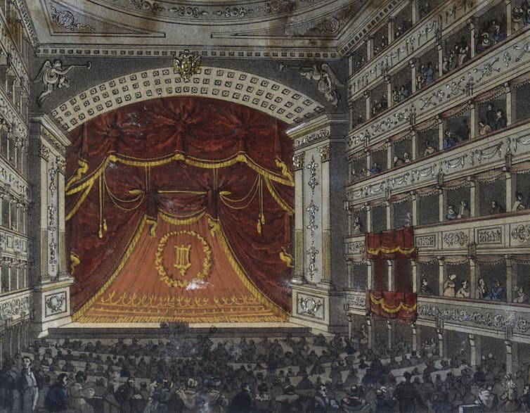 painting of the interiror of a concert hall