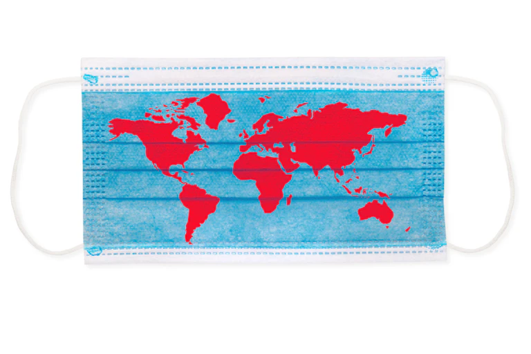 A blue surgical mask with the world map in red