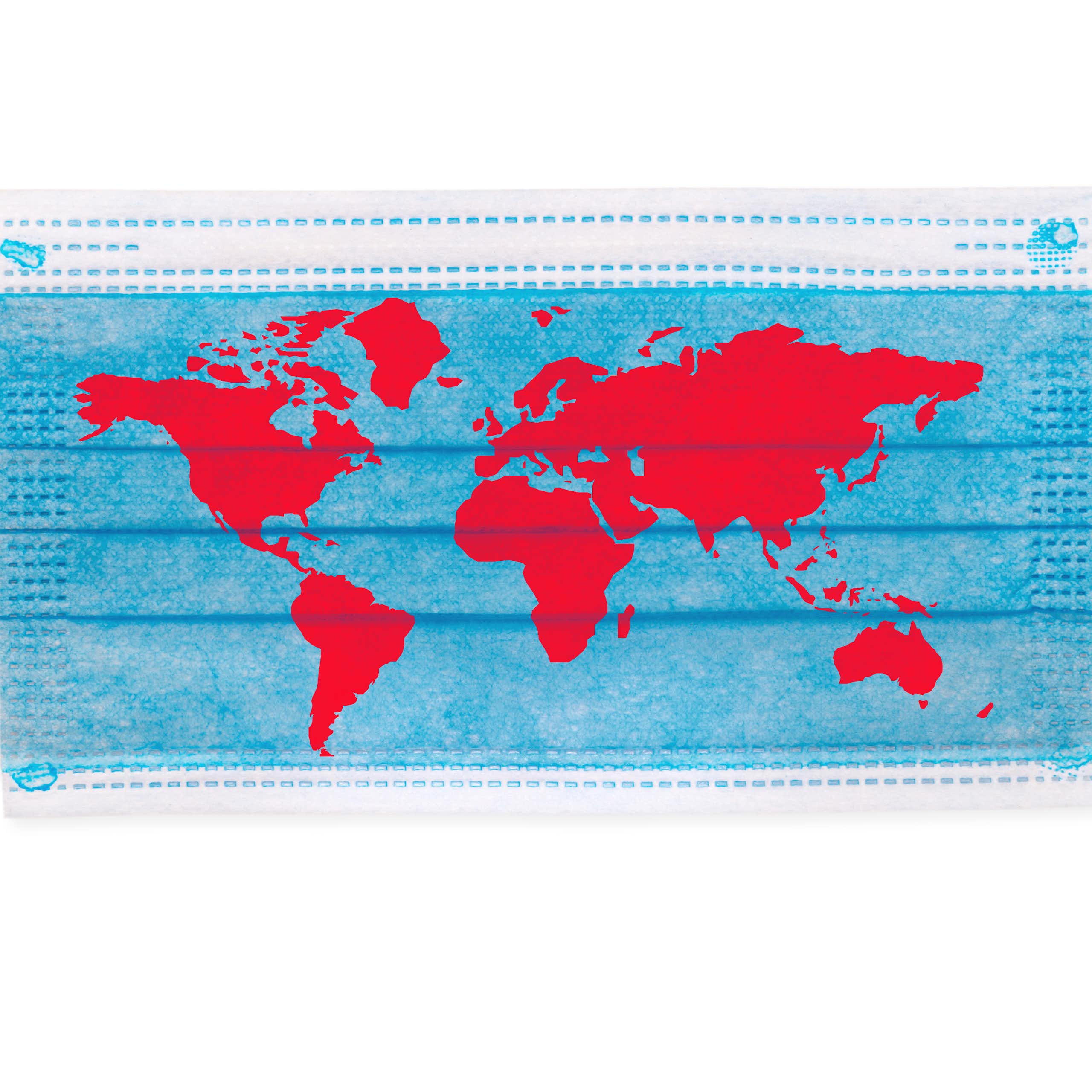 A blue surgical mask with the world map in red