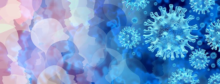 Illustration with a collage of human silhouettes and coronaviruses