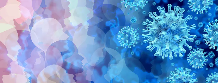 Illustration with a collage of human silhouettes and coronaviruses