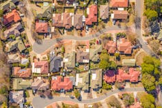 Aerial view of suburban roofs