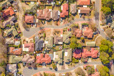 Aerial view of suburban roofs