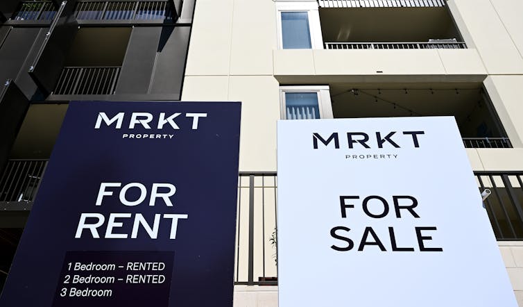 A ‘For Rent’ and a ‘For Sale’ sign are seen in Canberra