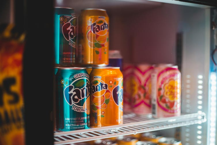 Soft drinks in the store refrigerator