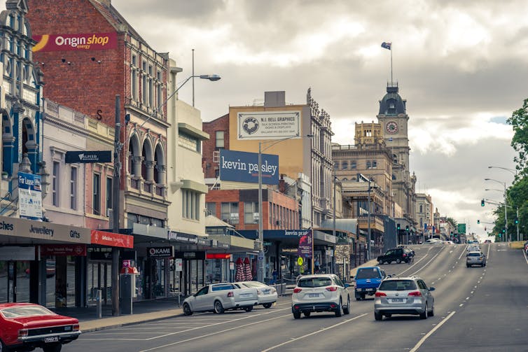 Cars drive along the main street of Ballarat
