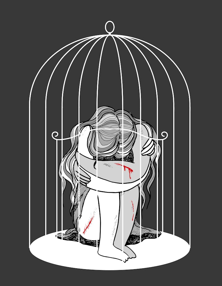 Illustration of a woman with self-inflicted injuries inside a cage.