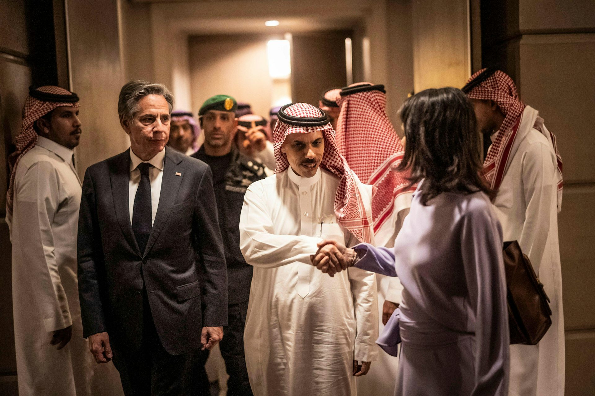 US secretary of state, Antony Blinken, with German foreign minister, Annalena Baerbock, in Riyadh with Saudi foreign minister, Prince Prince Faisal bin Farhan