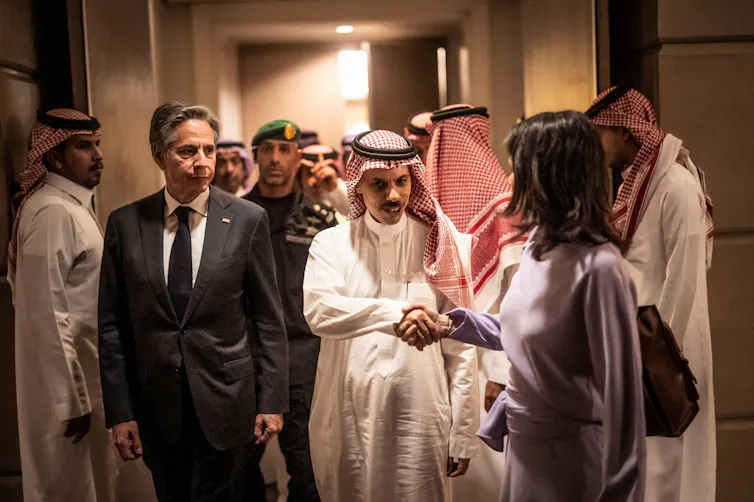 US secretary of state, Antony Blinken, with German foreign minister, Annalena Baerbock, in Riyadh with Saudi foreign minister, Prince Prince Faisal bin Farhan