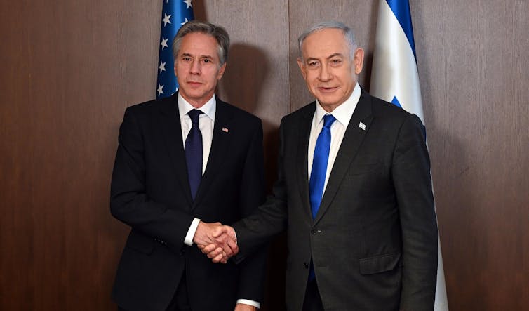 US secretary of state, Antony Blinken, shakes hands with the Israeli prime minister, Benjamin Netanyahu, May 2 2024.