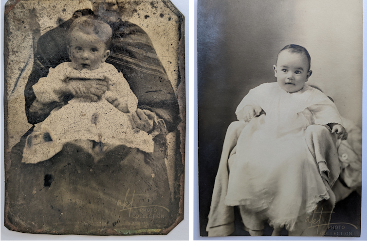 Two images side by side: a sepia photograph of toddler held in lap of adult with half of head cut off, and a black and white photograph of a toddler sitting in a draped chair