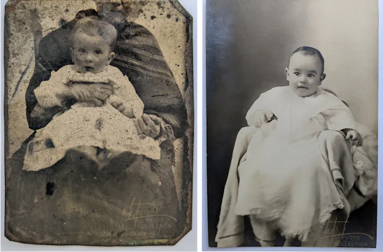Two images side by side: a sepia photograph of toddler held in lap of adult with half of head cut off, and a black and white photograph of a toddler sitting in a draped chair