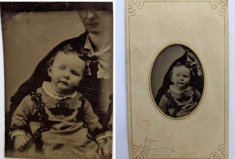 Two images side by side: a sepia photograph of a child held in lap of adult with half of head cut off, and the same image covering all but the infant