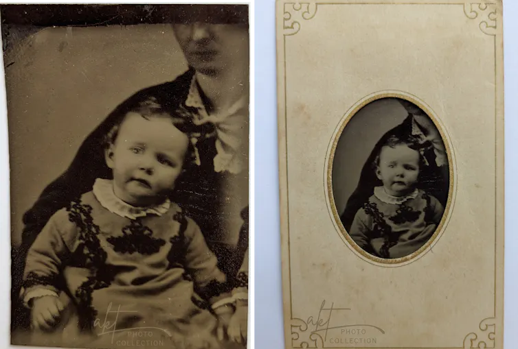 Two images side by side: a sepia photograph of a child held in lap of adult with half of head cut off, and the same image covering all but the infant