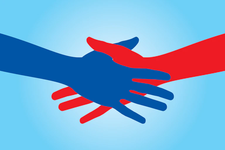 A red hand shaking a blue hand.