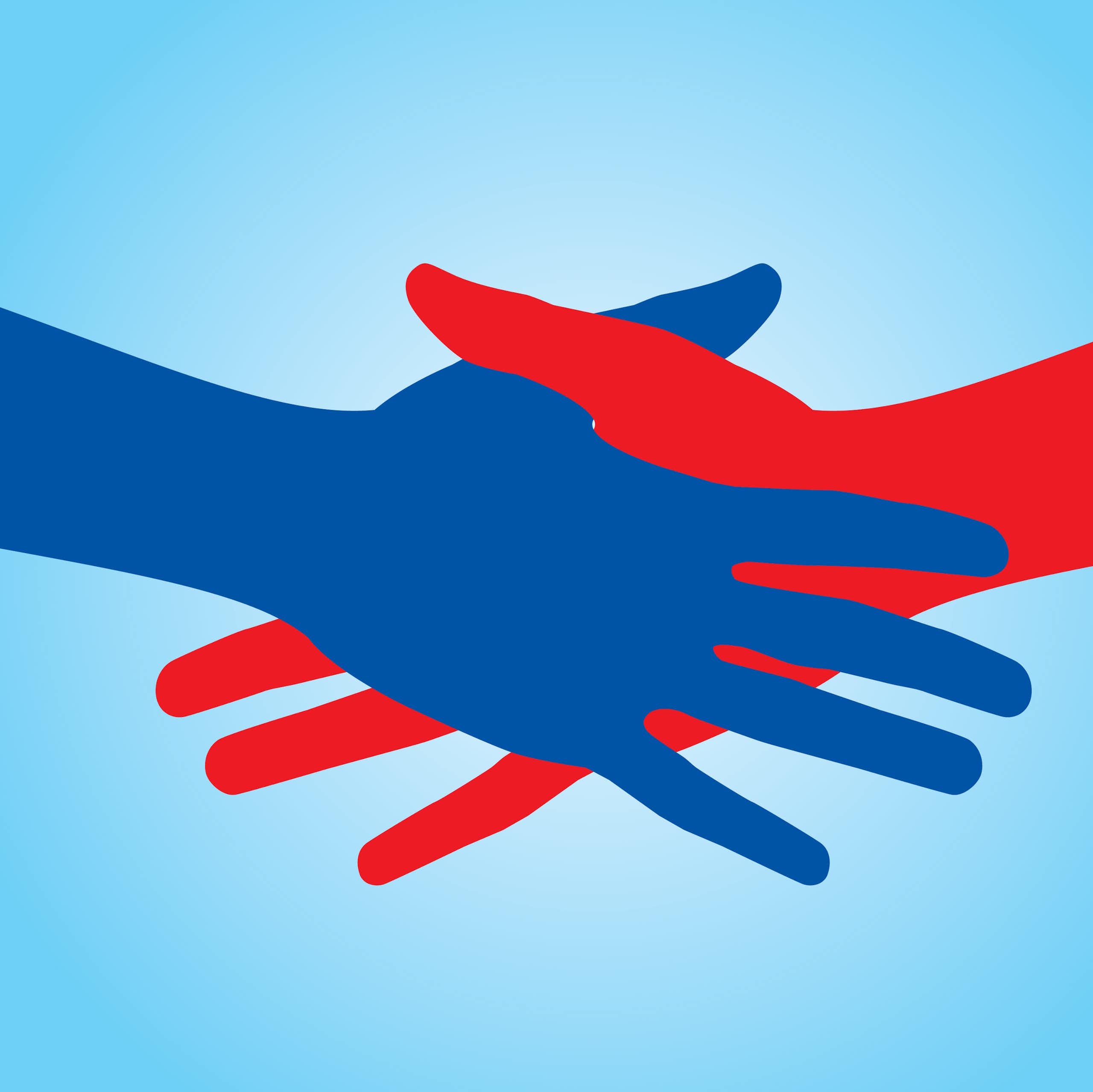 A red hand shaking a blue hand.