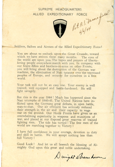 A typewritten letter on yellowed paper with a message from Supreme Allied Commander Dwight D. Eisenhower to the troops about to attack Normandy.
