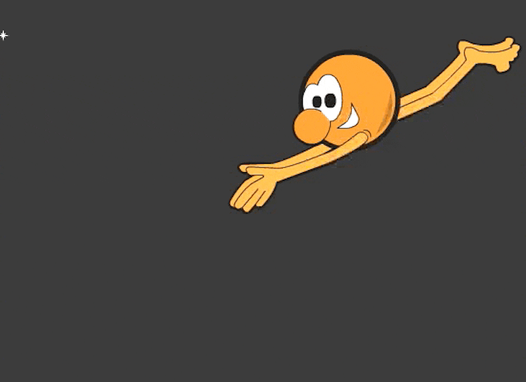 Animation of an orange ball diving towards the ground and creating a crater with a kaboom sound.