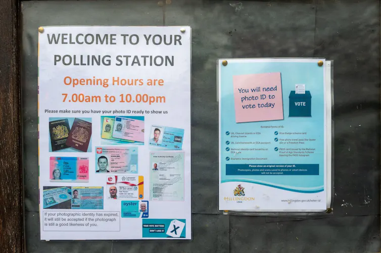 A sign reading 'welcome to your polling station' and another reading 'you will need photo ID to vote today'.