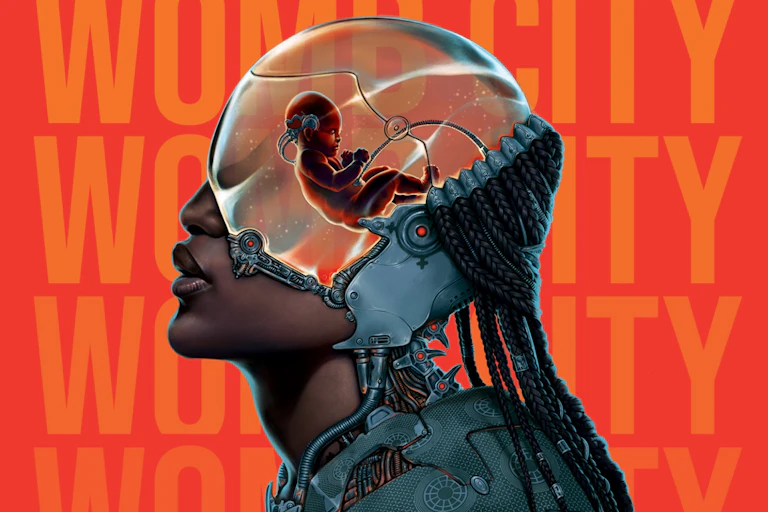 An illustration of an African woman in profile, a futurist glass dome covering her forehead and eyes attached to the body with metal. Inside the dome, a foetus.