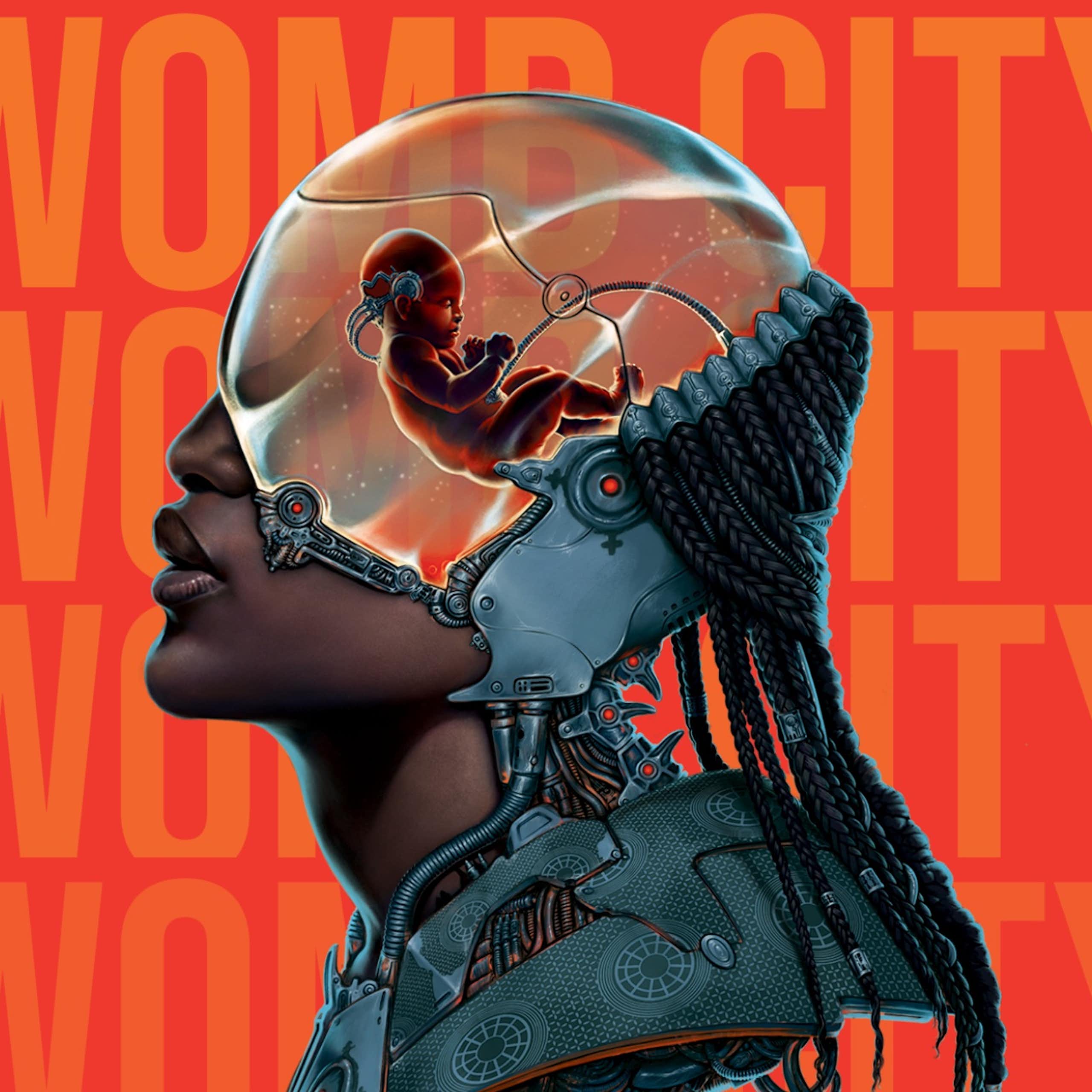 An illustration of an African woman in profile, a futurist glass dome covering her forehead and eyes attached to the body with metal. Inside the dome, a foetus.