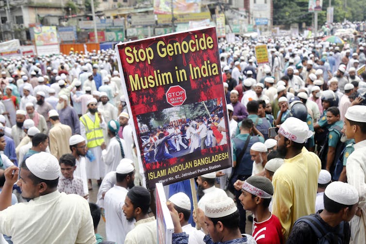 A protest at the Indian embassy in Dhaka against reports of vil=olence against Muslims in India.