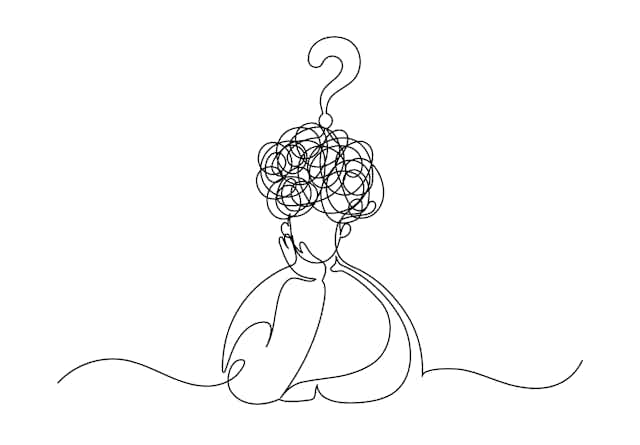 A line drawing of a person whose head is surrounded by loops of confusion, with a question mark atop it all.