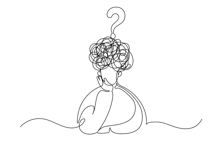 A line drawing of a person whose head is surrounded by loops of confusion, with a question mark atop it all.
