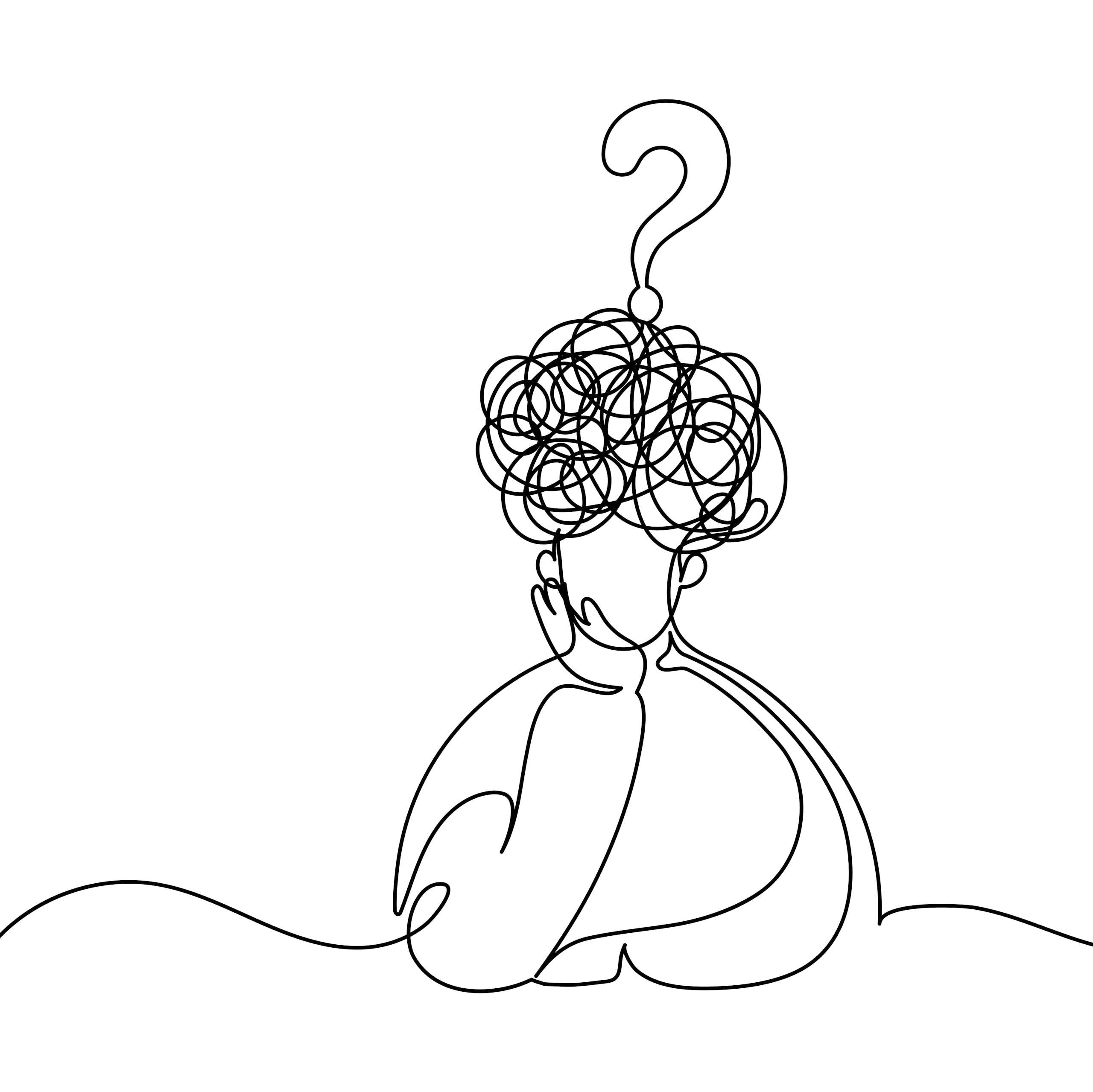 A line drawing of a person whose head is surrounded by loops of confusion, with a question mark atop it all.