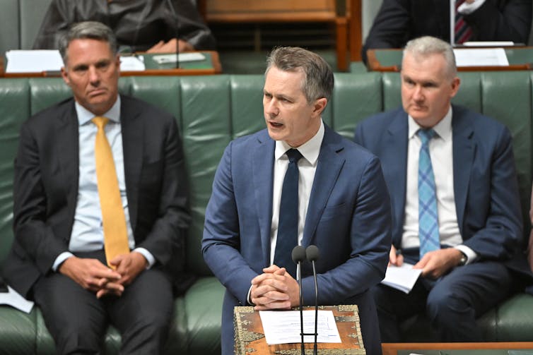 Education Minister Jason Clare speaks at the despatch box in the House of Representatives.