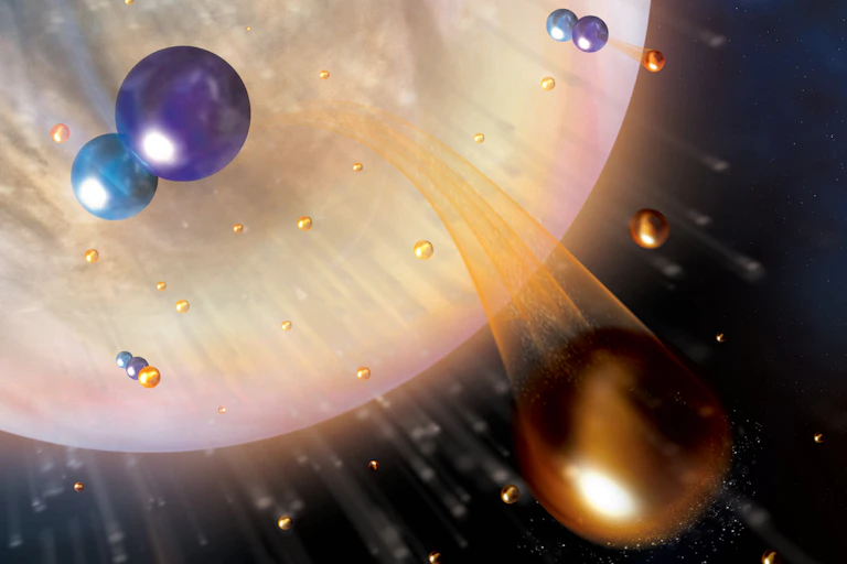 A hazy planet with small orbs flying off it.