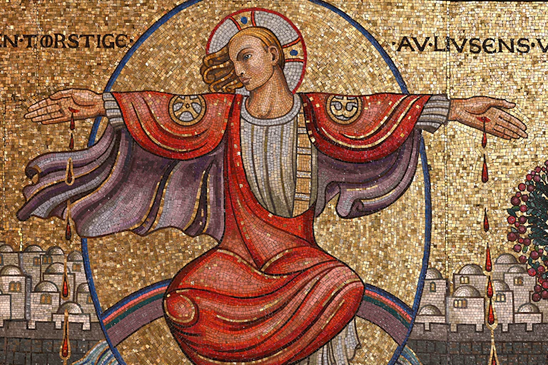 A painting of a man with hands stretched out, halo around his head, wearing a red and purple color gown.