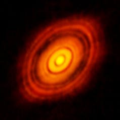 Rings of gas and dust rotating around a hot bright core.