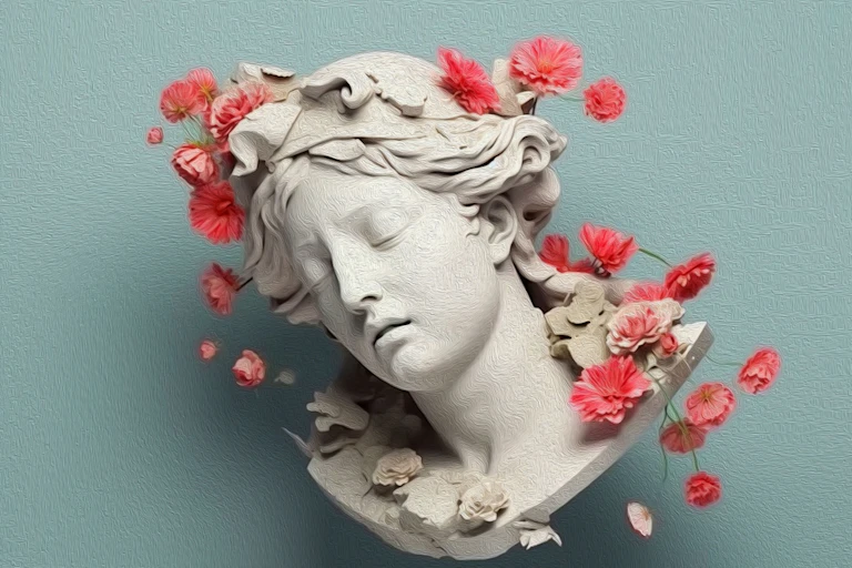 Busto greco-romano de mulher, de lado, com flores cor-de-rosa espalhadas