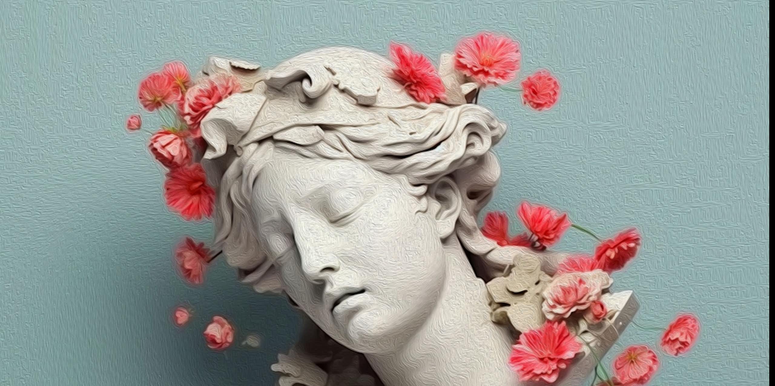 Busto greco-romano de mulher, de lado, com flores cor-de-rosa espalhadas